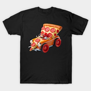 A slice of pizza driving a tiny pizza-shaped car T-Shirt